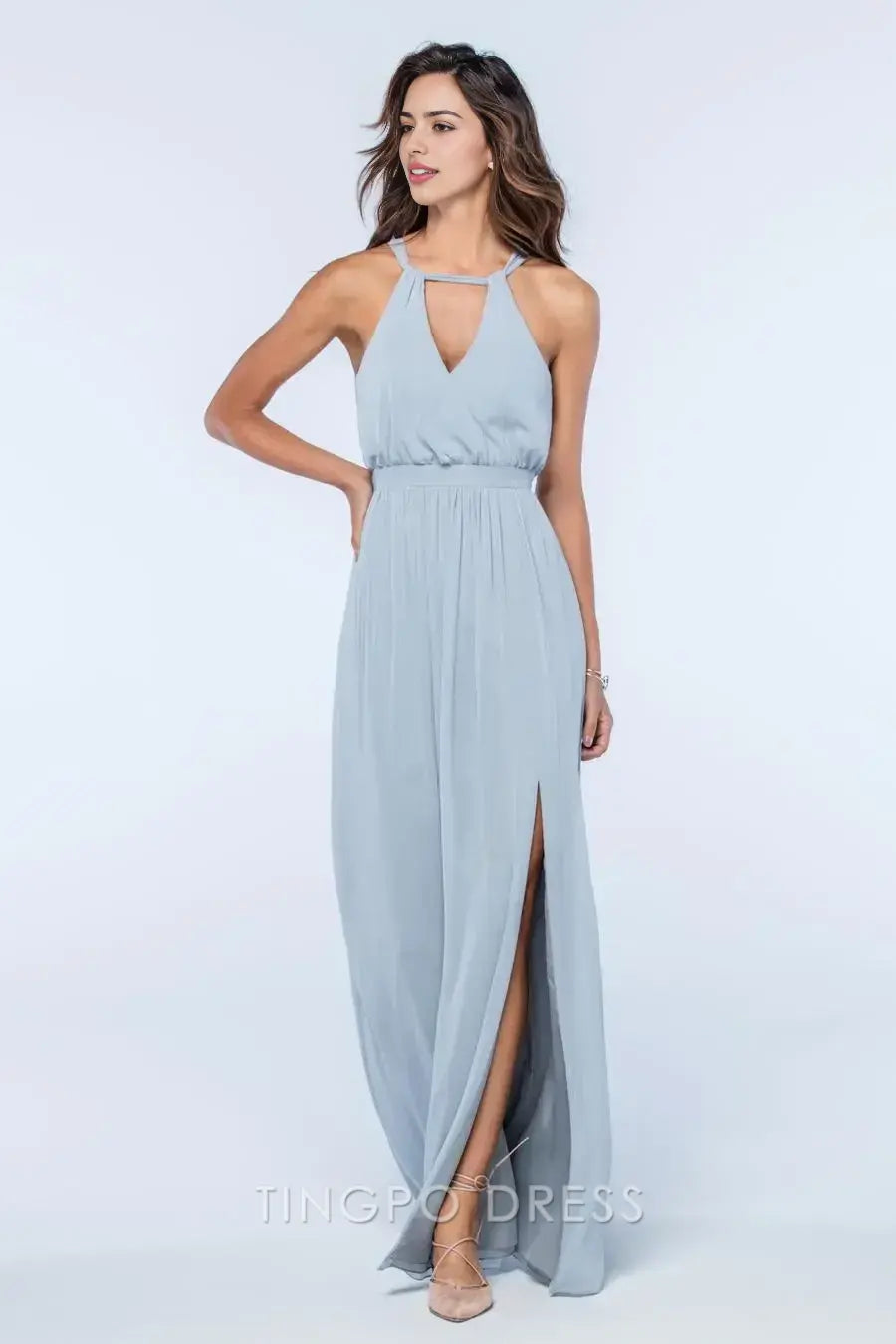 TingPo Wholesale Elegant Light Grey Cross Halter Dress - Keyhole Front Tie Waist Slit Maxi Evening Gown